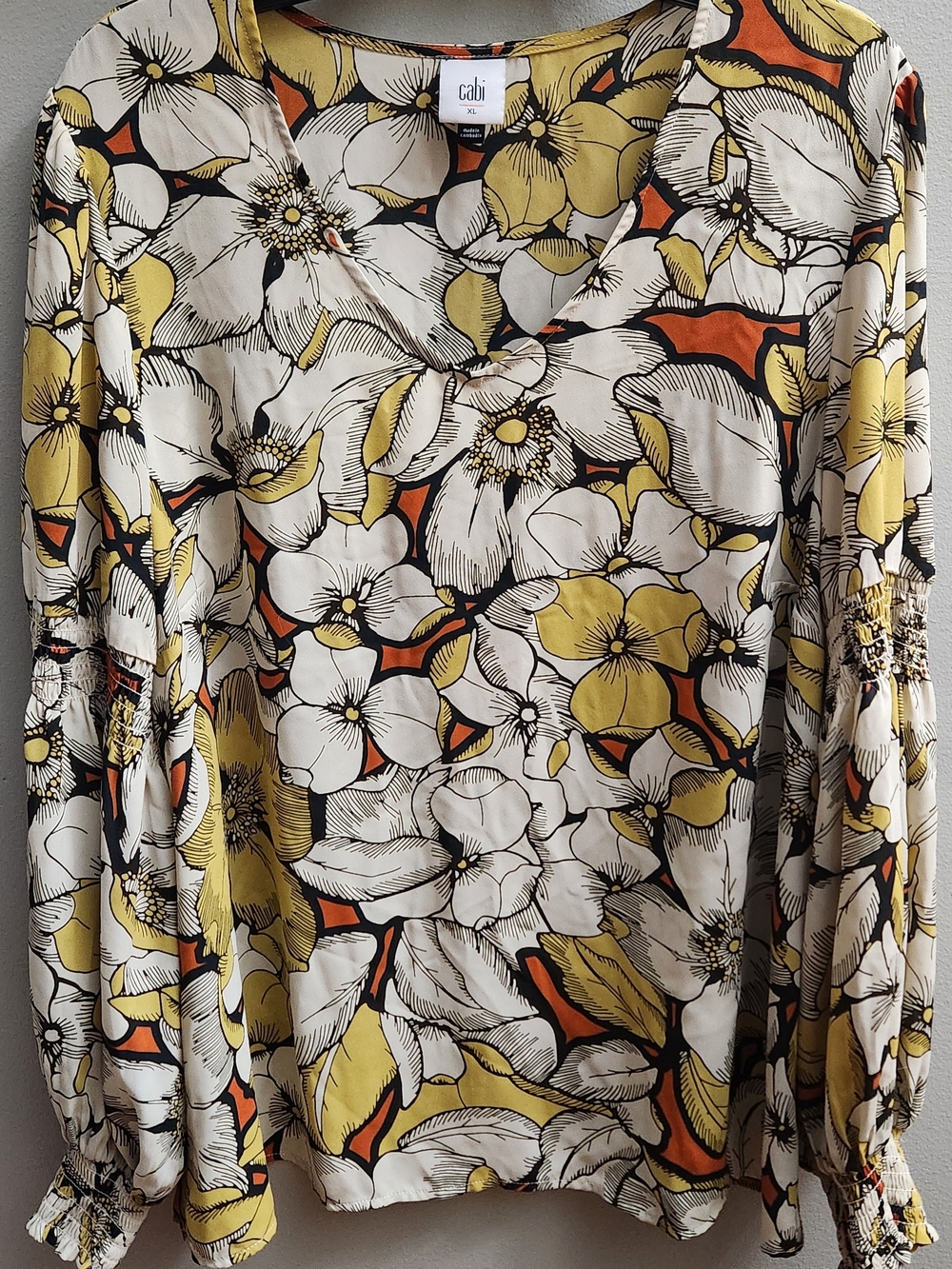 CAbi XL Sequel Floral Yellow White Long Sleeve V-Neck Blouse Top